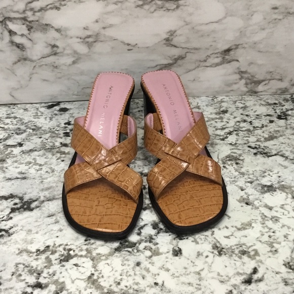 Antonio Melani Leather Tan Open Toe Mule/Slide W/Stack Block Heel - Picture 10 of 10